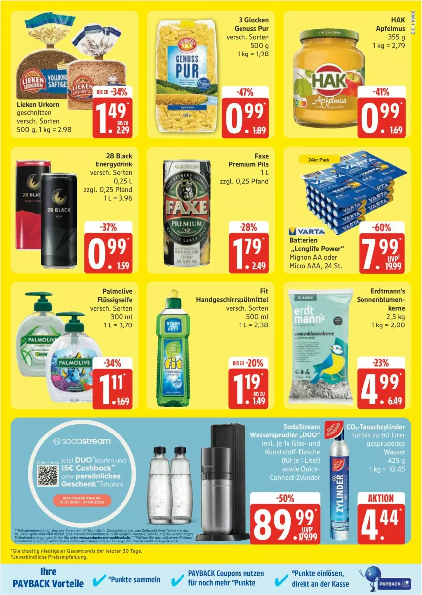 Aktueller Prospekt Edeka - Prospekte - von 17.02 bis 22.02.2025 - strona 5 - produkty: axe, batterie, batterien, blume, blumen, coupon, coupons, drink, eis, flüssigseife, geschirr, geschirrspülmittel, korn, lack, lieken, longlife, nuss, olive, palmolive, payback, pils, premium pils, reis, schnitten, Seife, sonnenblume, sonnenblumen, spülmittel, Ti, urkorn, varta, ZTE