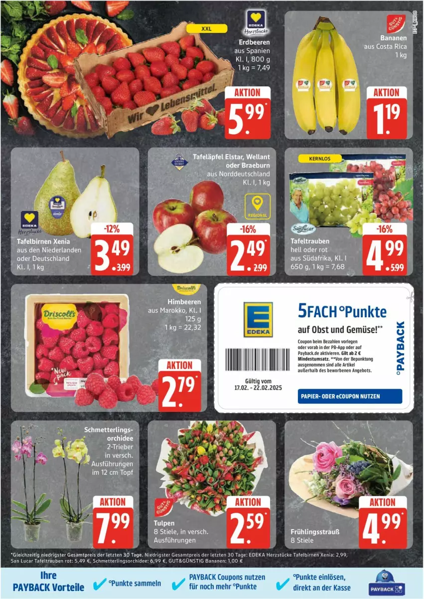 Aktueller Prospekt Edeka - Prospekte - von 17.02 bis 22.02.2025 - strona 7 - produkty: angebot, banane, bananen, Birnen, coupon, coupons, deka, eis, Mett, obst, Obst und Gemüse, orchidee, payback, reis, rel, Schmetterling, schmetterlingsorchidee, tafelbirnen, tafeltrauben, Ti, topf, trauben, und gemüse, Wella, ZTE