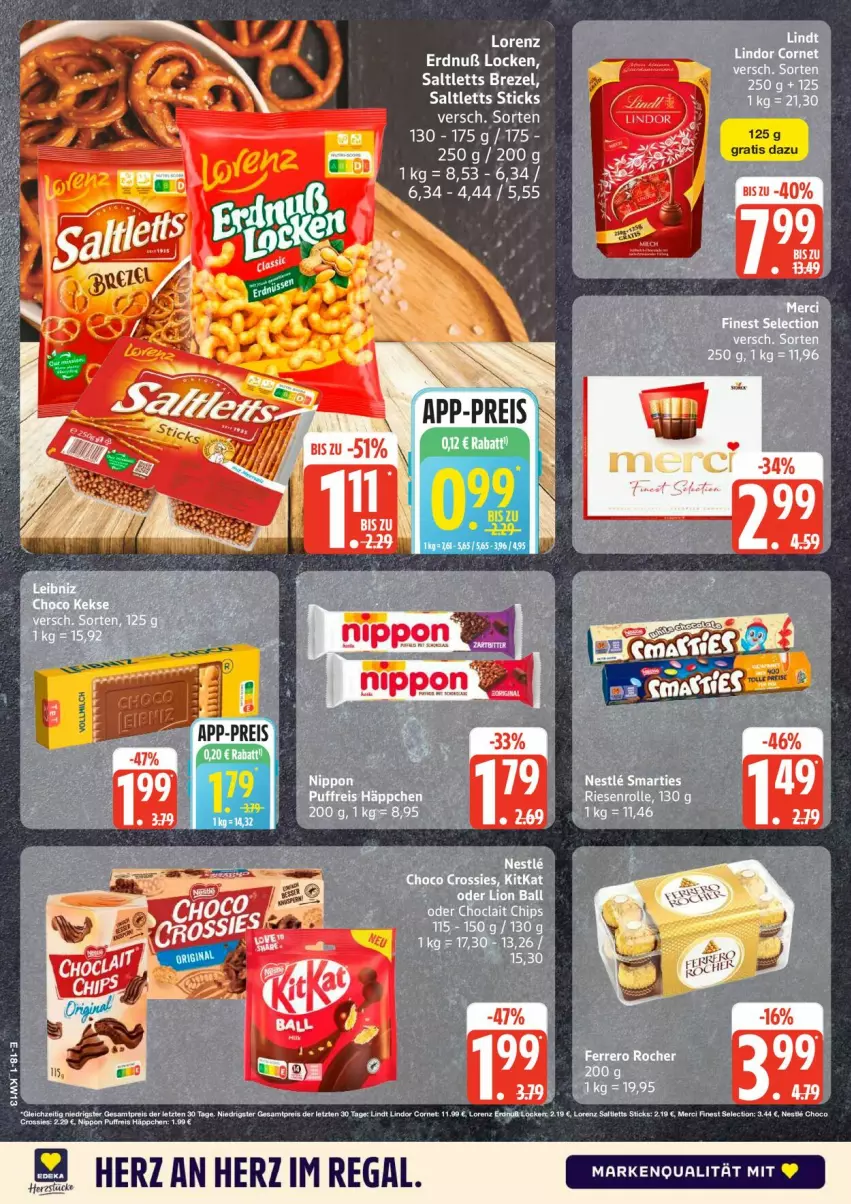 Aktueller Prospekt Edeka - Prospekte - von 23.03 bis 28.03.2026 - strona 20 - produkty: brezel, crossies, eis, lorenz, nippon, Puffreis Häppchen, regal, reis, saltletts, tee, Ti