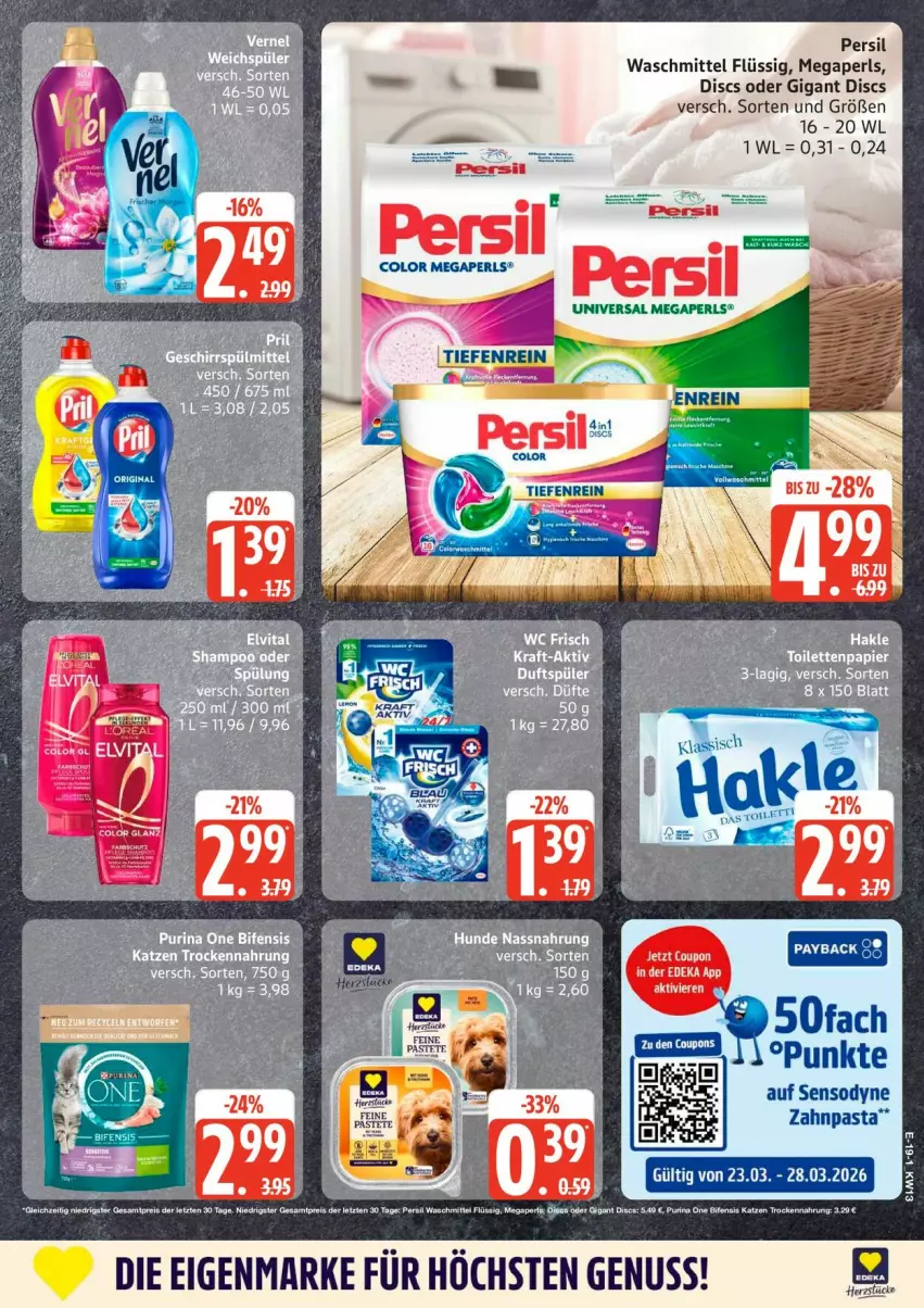 Aktueller Prospekt Edeka - Prospekte - von 23.03 bis 28.03.2026 - strona 21 - produkty: megaperls, nuss, pasta, persil, persil waschmittel, purina, sensodyne, tee, Trockennahrung, universal megaperls, waschmittel, zahnpasta
