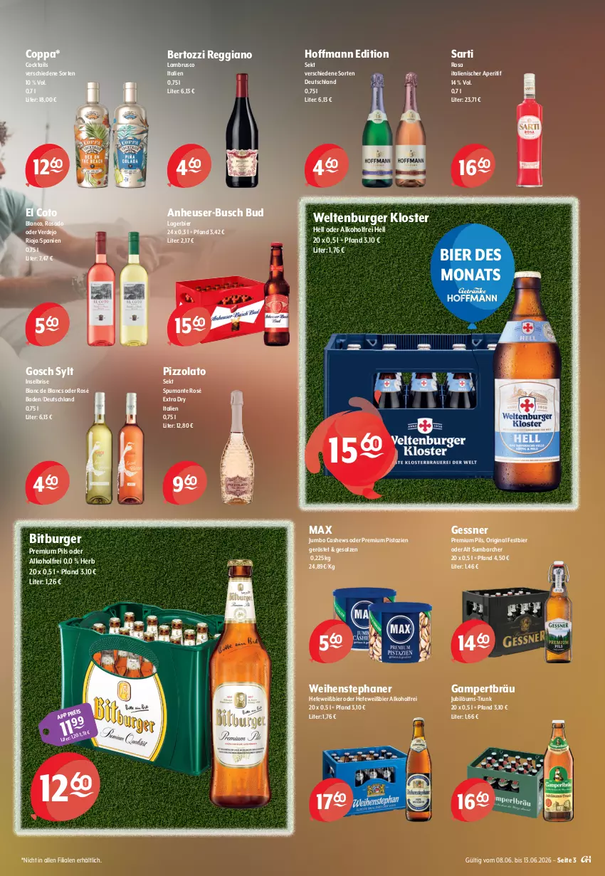 Aktueller Prospekt Getraenke Hoffmann - Prospekte - von 08.06 bis 13.06.2026 - strona 3 - produkty: alkohol, aperitif, Bad, bier, bitburger, burger, Cashew, cocktail, cocktails, de blancs, eis, erde, Gessner, gin, Hefe, Heu, Jubiläums, jumbo, Lagerbier, Lambrusco, pils, pistazien, premium pils, puma, reggiano, reis, rioja, salz, sekt, spumante, Ti, weihenstephan