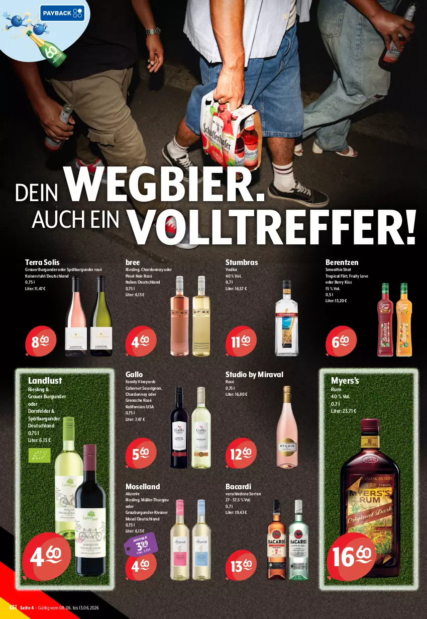 Aktueller Prospekt Getraenke Hoffmann - Prospekte - von 08.06 bis 13.06.2026 - strona 4 - produkty: auer, bacardi, berentzen, bier, bree, burgunder, cabernet, cabernet sauvignon, chardonnay, dornfelder, ente, gallo, grauburgunder, grauer burgunder, Kaiser, moselland, Müller, Müller-Thurgau, Pinot, pinot noir, riesling, Rivaner, rum, sauvignon, smoothie, spätburgunder, stuhl, Ti, vodka