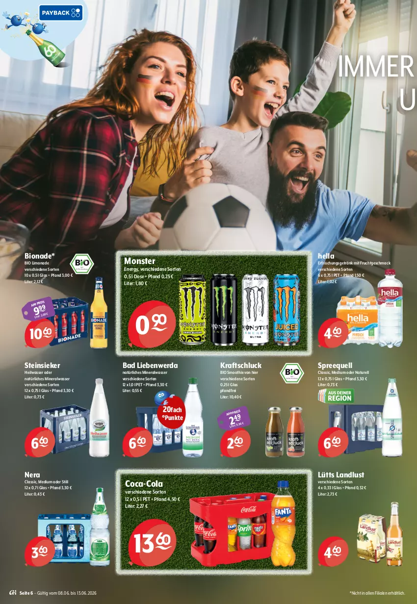 Aktueller Prospekt Getraenke Hoffmann - Prospekte - von 08.06 bis 13.06.2026 - strona 6 - produkty: Alwa, Bad, Bad Liebenwerda, bio, bio limo, bionade, coca-cola, cola, erfrischungsgetränk, frucht, getränk, hella, kraft, limo, limonade, mac, mineralwasser, mit frucht, monster, natur, natürliches mineralwasser, rel, smoothie, Spreequell, Steinsieker, Ti, wasser