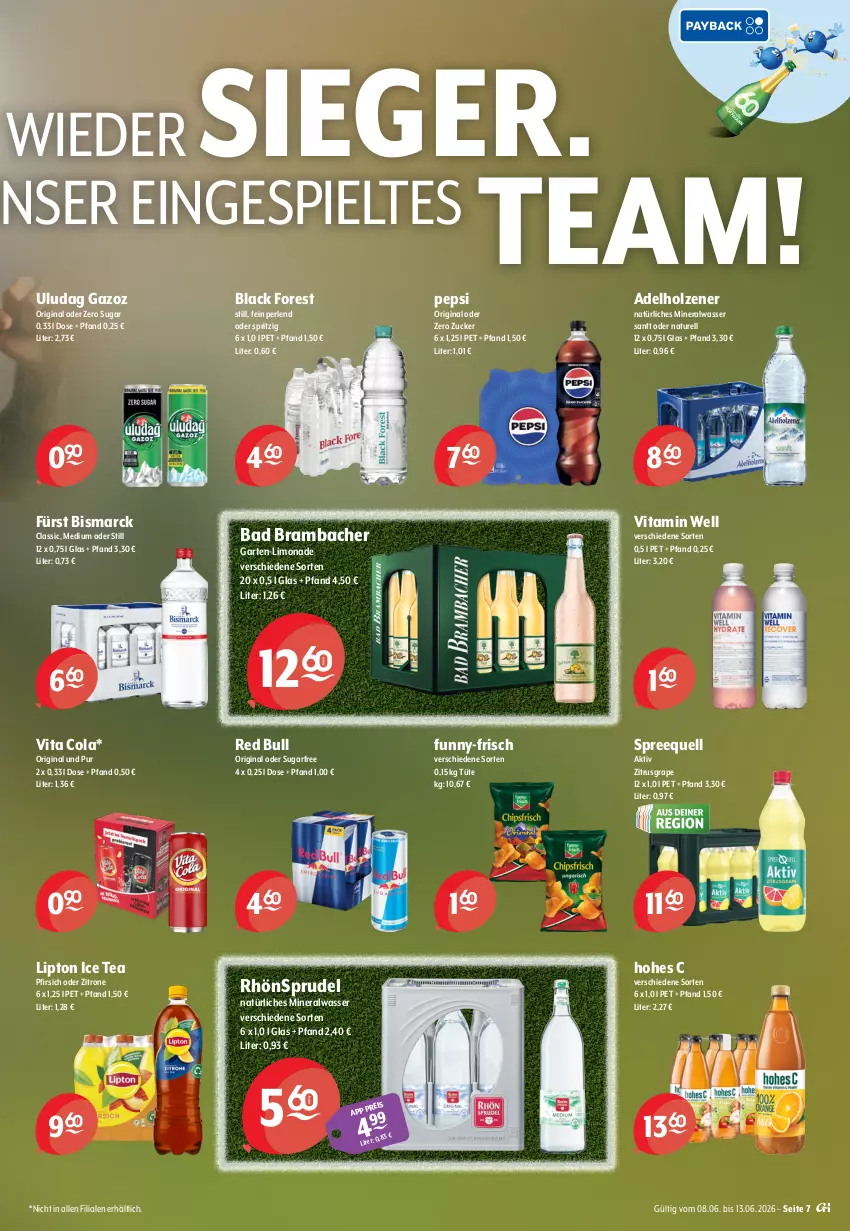 Aktueller Prospekt Getraenke Hoffmann - Prospekte - von 08.06 bis 13.06.2026 - strona 7 - produkty: adelholzener, Alwa, Bad, bismarck, black forest, cola, eis, funny-frisch, Garten, gin, Hohes C, Holz, ice tea, lack, limo, limonade, lipton, lipton ice tea, mineralwasser, natur, natürliches mineralwasser, pepsi, perlen, pfirsich, red bull, reis, rel, RhönSprudel, Spreequell, Sprudel, Ti, Tüte, vita, Vita C, wasser, zitrone, zucker