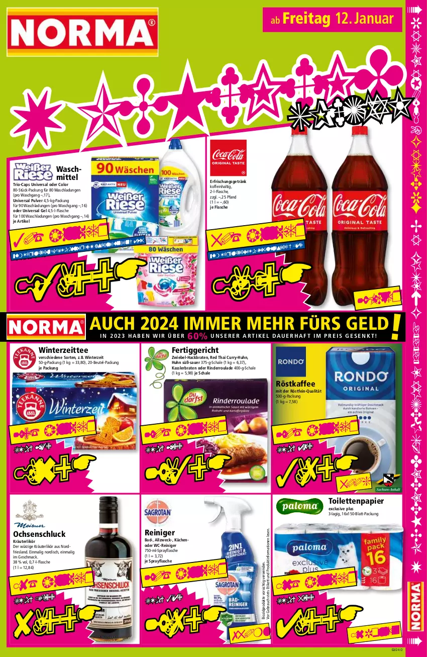 Aktueller Prospekt Norma - Norma - von 08.01 bis 15.01.2023 - strona 15 - produkty: auer, Bad, beutel, bio, biozidprodukte, braten, Cap, curry, eis, erfrischungsgetränk, fertiggericht, flasche, getränk, kaffee, kräuter, kräuterlikör, küche, Küchen, likör, mac, papier, Rauch, reiniger, reis, rind, rinder, Rinderroulade, röstkaffee, rwe, Schal, Schale, tee, Ti, toilettenpapier, universal gel, universal pulver, waschmittel, wc-reiniger, weck, zwiebel