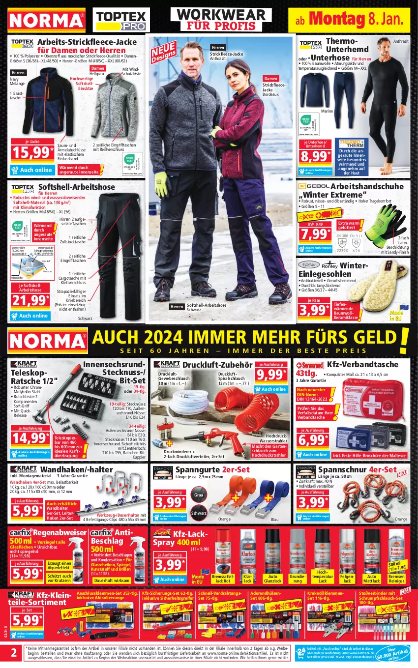 Aktueller Prospekt Norma - Norma - von 08.01 bis 15.01.2023 - strona 2 - produkty: abis, arla, asti, auer, auto, Bau, baumwolle, Bebe, Brille, Draht, eis, Elan, elle, ente, felgen, Finish, Fleecejacke, Garten, gartenschlauch, gin, handschuhe, hella, hemd, hose, Jacke, kraft, lack, LG, mac, malteser, ndk, nuss, orange, reiniger, reis, rel, Ria, rum, sattel, schlauch, schuhe, spiegel, Strickfleecejacke, Tasche, taschen, Teleskop, Ti, tisch, Unterhemd, wasser, werkzeug, Windschutz, wolle, ZTE