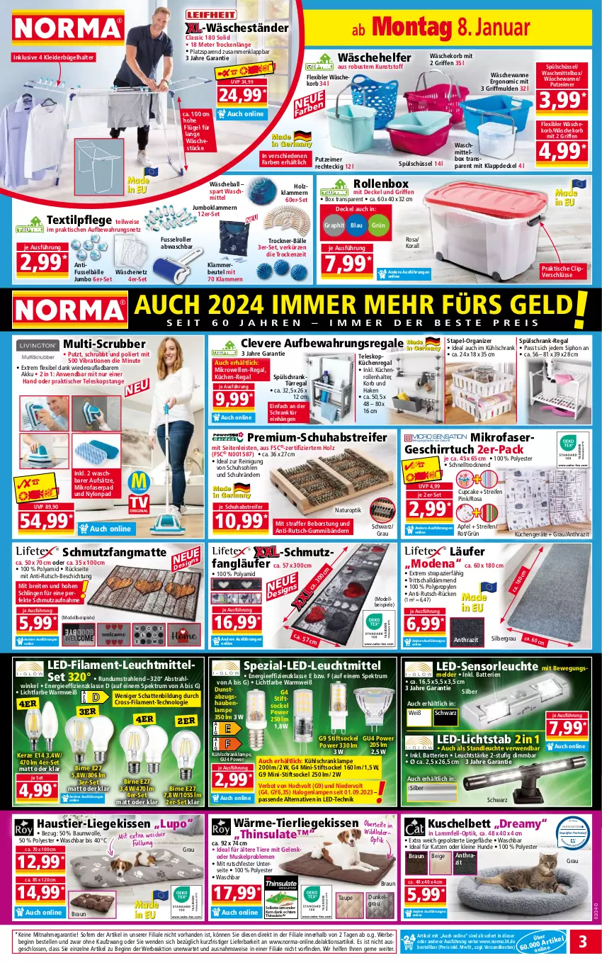 Aktueller Prospekt Norma - Norma - von 08.01 bis 15.01.2023 - strona 3 - produkty: akku, apfel, aust, ball, batterie, batterien, Bau, baumwolle, Bebe, bett, beutel, braun, Brei, bügel, decke, Deckel, dell, eimer, eis, elle, geschirr, geschirrtuch, gin, Holz, jumbo, kerze, kissen, Klammern, kleid, kleider, kleiderbügel, korb, küche, Küchen, Küchenregal, küchenrolle, küchenrollen, kühlschrank, lamm, Lammfell, Lampe, Läufer, led-licht, leine, Leuchte, leuchtmittel, LG, Liege, mikrofaser, mikrowelle, Mode, natur, ndk, regal, reifen, Reinigung, reis, Rollenbox, Roller, rum, rwe, Schal, schmutzfangmatte, Schrank, schüssel, Spektrum, Spezi, Spiele, Stier, Teleskop, Ti, Tiere, tisch, Trockner, tuc, uhr, Wanne, wäschekorb, waschmittel, Wild, wolle