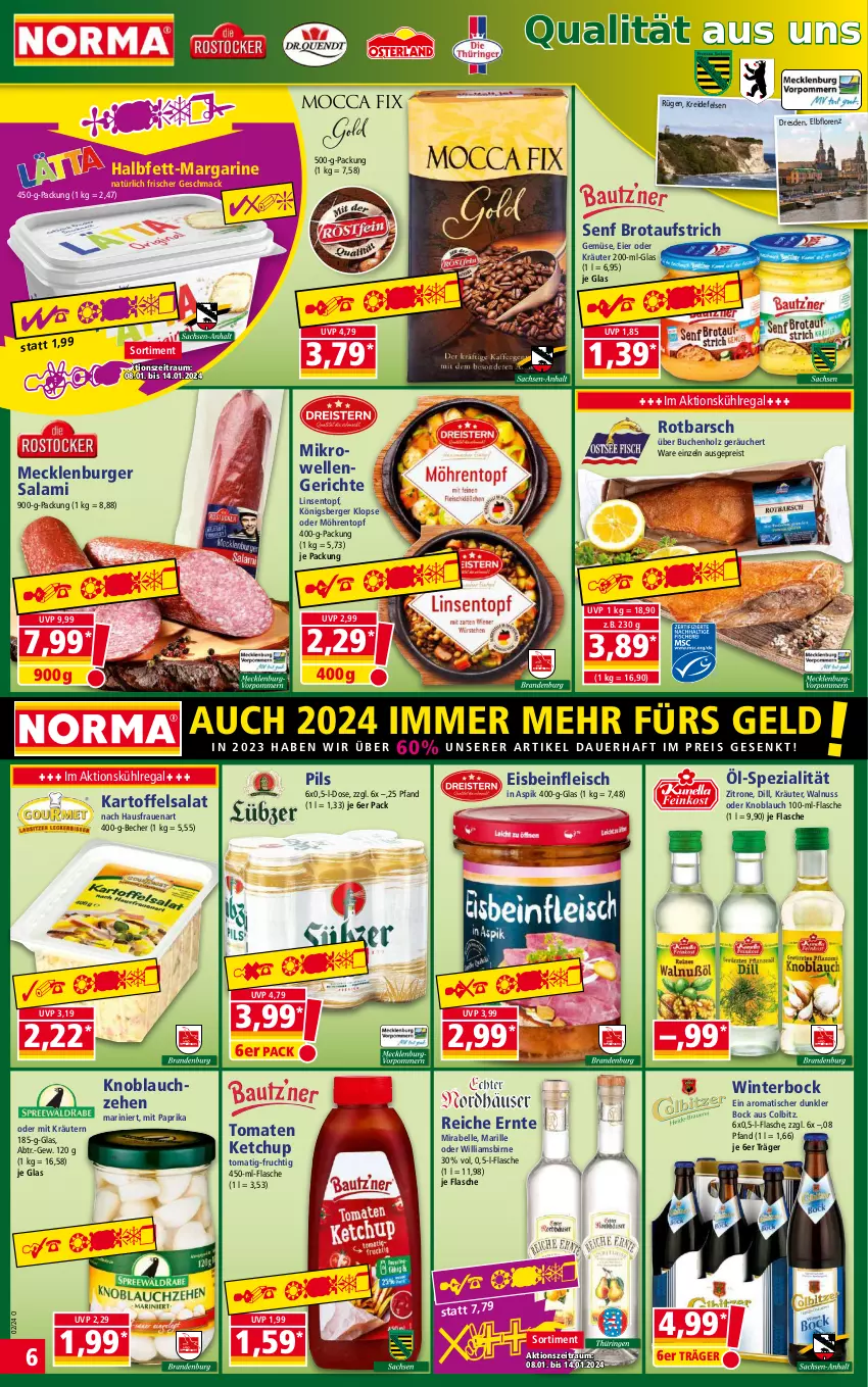 Aktueller Prospekt Norma - Norma - von 08.01 bis 15.01.2023 - strona 6 - produkty: auer, aufstrich, Becher, Berger, brot, brotaufstrich, buch, burger, eier, eis, elle, flasche, fleisch, frucht, Holz, kartoffel, kartoffelsalat, ketchup, knoblauch, Königsberger Klopse, kräuter, kräutern, Kreide, kühlregal, linsen, lorenz, mac, margarine, mecklenburger salami, mikrowelle, mit paprika, möhren, nuss, oder kräuter, paprika, pils, regal, reis, Rotbarsch, salami, salat, senf, Spezi, Ti, tisch, tomate, tomaten, tomaten ketchup, topf, walnuss, zitrone