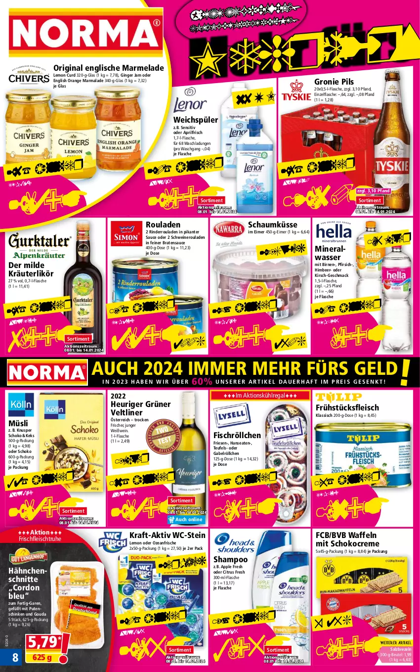 Aktueller Prospekt Norma - Norma - von 08.01 bis 15.01.2023 - strona 8 - produkty: Alwa, Apple, auer, beutel, Birnen, braten, brezel, Brezeln, citrus, cordon bleu, creme, eimer, eis, fisch, flasche, fleisch, frühstücksfleisch, gabel, gin, ginger, gouda, grüner veltliner, Heu, himbeer, keks, kirsch, kraft, kräuter, kräuterlikör, kühlregal, likör, mac, marmelade, mineralwasser, müsli, nero, orange, pfirsich, pils, pril, pute, Putenschinken, regal, reis, rind, rinder, Rinderroulade, rinderrouladen, rouladen, salz, sauce, schinken, schoko, schwein, schweine, Schweineroulade, shampoo, Ti, waffeln, wasser, weichspüler, wein, weine, Weißwein