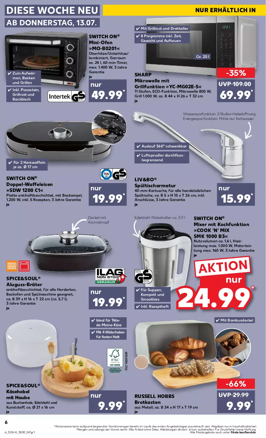 Aktueller Prospekt Kaufland - Extra-Angebote - von 13.07 bis 19.07.2023 - strona 6 - produkty: angebot, angebote, armatur, backofen, backofen und, bambus, Behälter, brot, Brotkasten, buch, decke, Deckel, edelstahl, eis, elle, garraum, grill, grillrost, herdarten, Holz, Käse, latte, mikrowelle, Mixer, Ofen, pizza, rezept, rezepte, russell hobbs, Sharp, smoothie, smoothies, Spültischarmatur, suppe, suppen, teller, Ti, timer, tisch, Waffeleisen, waffeln, wasser, ZTE