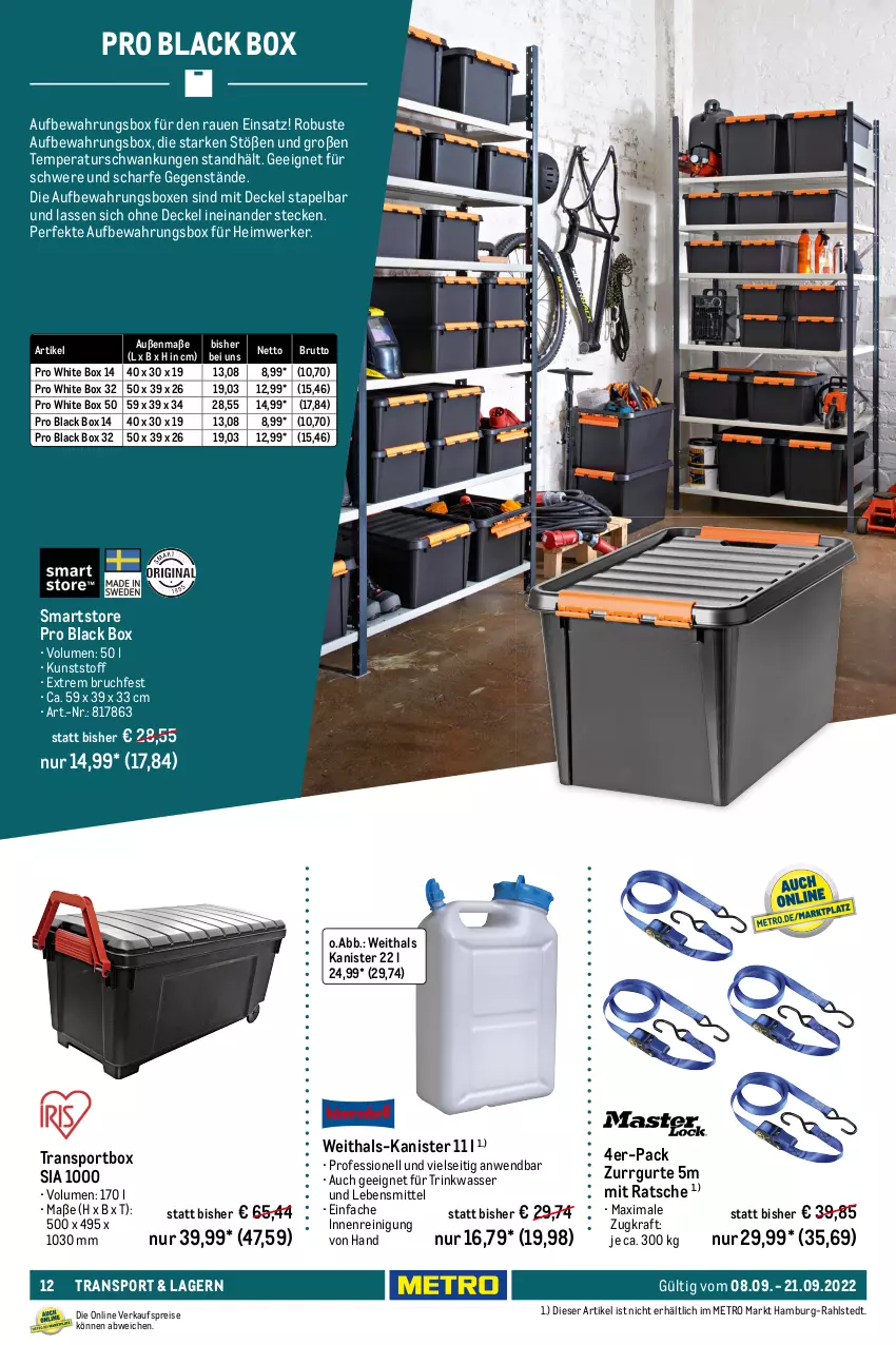 Aktueller Prospekt Metro - Transport & Lagern Spezial - von 08.09 bis 21.09.2022 - strona 12 - produkty: aufbewahrungsbox, brut, decke, Deckel, eis, kraft, lack, latte, lebensmittel, Metro, Reinigung, reis, Roller, sac, Sport, Ti, wasser