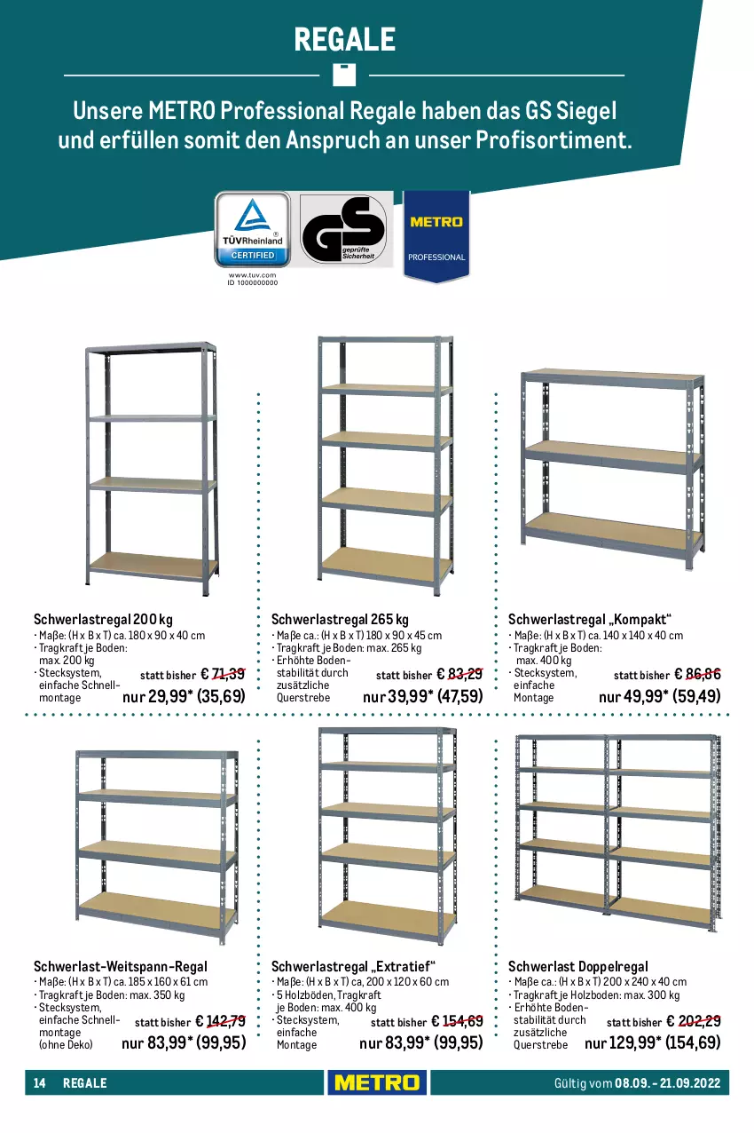 Aktueller Prospekt Metro - Transport & Lagern Spezial - von 08.09 bis 21.09.2022 - strona 14 - produkty: arbeitsplatte, Bank, buch, eis, Holz, kleid, kleider, kraft, lack, latte, LG, Metro, regal, reis, Schrank, schwerlastregal, Ti, werkzeug