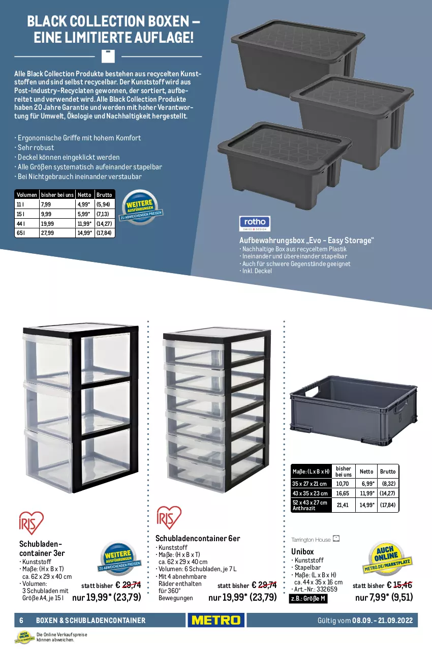 Aktueller Prospekt Metro - Transport & Lagern Spezial - von 08.09 bis 21.09.2022 - strona 6 - produkty: asti, aufbewahrungsbox, Behälter, brut, Container, decke, Deckel, eis, elle, ente, erde, lack, Metro, Rauch, reis, rwe, schubladen, Ti, tisch