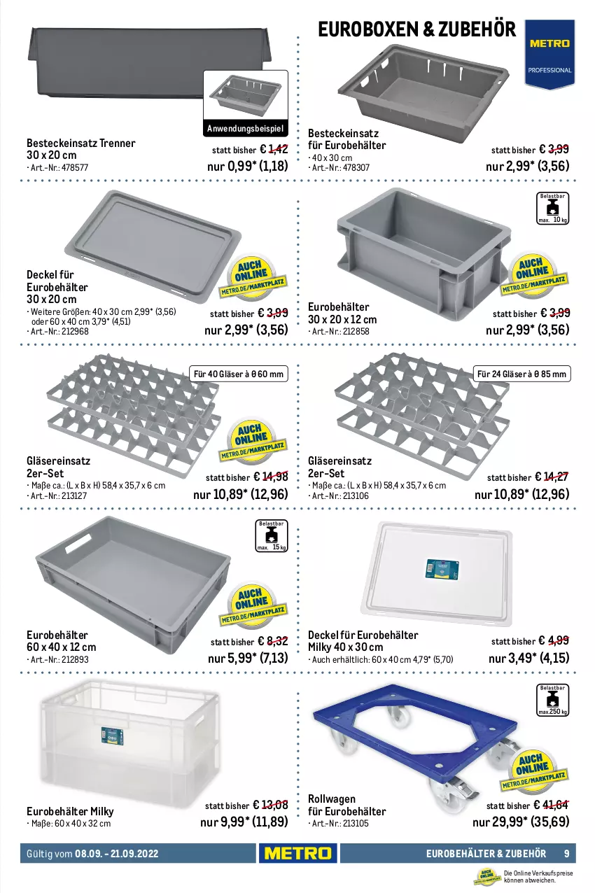 Aktueller Prospekt Metro - Transport & Lagern Spezial - von 08.09 bis 21.09.2022 - strona 9 - produkty: Behälter, besteck, bestecke, decke, Deckel, eis, Gläser, lebensmittel, mac, Metro, reis, Ti