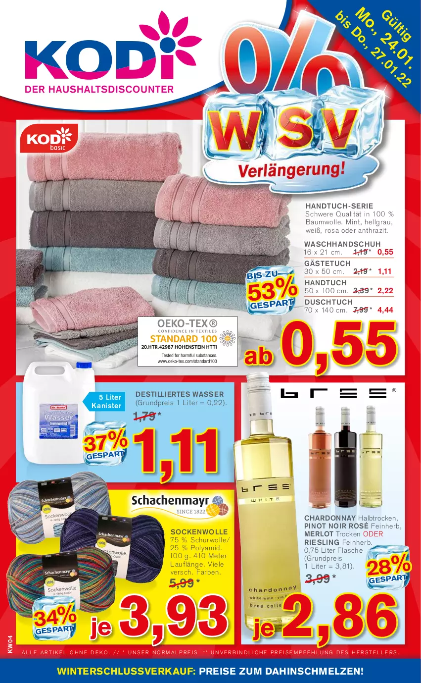 Aktueller Prospekt Kodi - Prospekte - von 22.01 bis 27.01.2022 - strona 1 - produkty: Bau, baumwolle, chardonnay, duschtuch, eis, elle, flasche, gästetuch, handtuch, LG, merl, merlot, mint, Pinot, pinot noir, reis, riesling, socken, teller, Ti, tuc, waschhandschuh, wasser, wolle