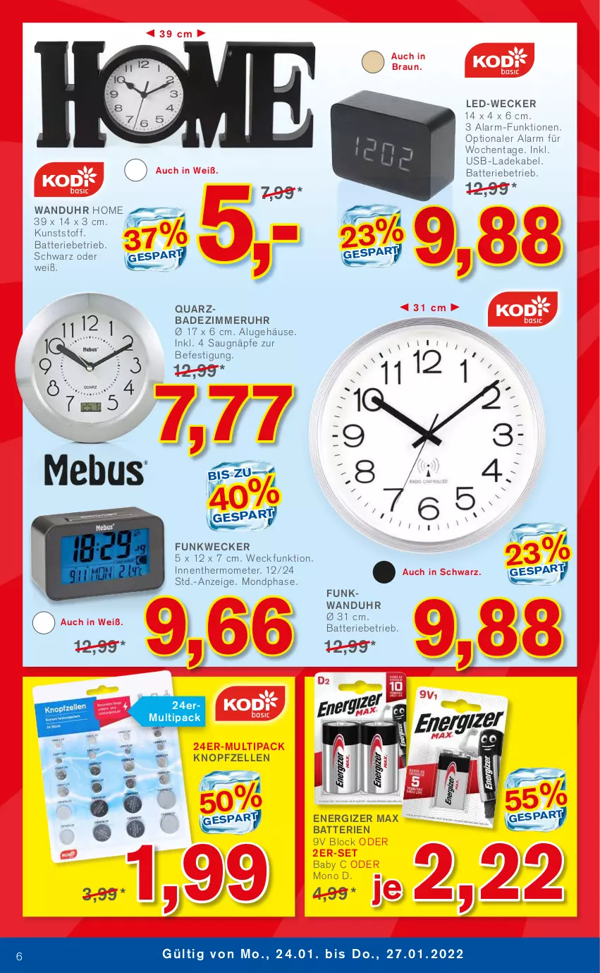 Aktueller Prospekt Kodi - Prospekte - von 22.01 bis 27.01.2022 - strona 6 - produkty: Bad, batterie, batterien, braun, deka, elle, energizer, Funkwecker, ladekabel, thermometer, Ti, uhr, usb, wanduhr, weck