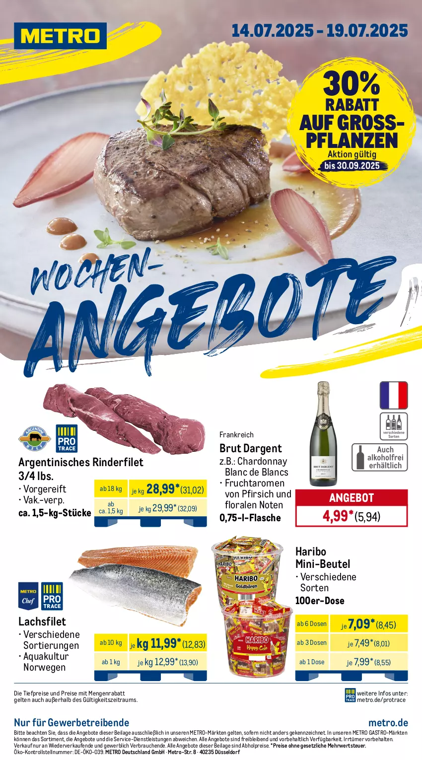 Aktueller Prospekt Metro - Wochen-Angebote - von 14.07 bis 19.07.2025 - strona 1 - produkty: abholpreise, angebot, angebote, aqua, beutel, brut, brut dargent, chardonnay, de blancs, eis, filet, flasche, frucht, haribo, ilag, lachs, lachsfilet, Metro, metro gastro, pfirsich, pflanze, pflanzen, Rauch, reis, rind, rinder, rinderfilet, rwe, Ti, tiefpreis