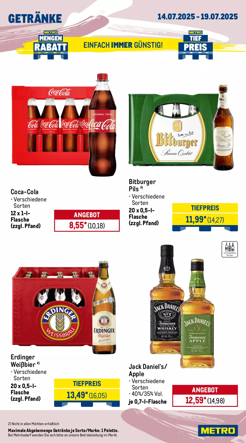 Aktueller Prospekt Metro - Wochen-Angebote - von 14.07 bis 19.07.2025 - strona 14 - produkty: angebot, Apple, auer, beere, beeren, bier, bitburger, bitburger pils, bree, burger, burgunder, chardonnay, coca-cola, cola, eis, erdinger, flasche, frucht, früchte, früchten, getränk, getränke, grauer burgunder, jack daniel, mac, Palette, passo, pils, primitivo, reis, Sierra, sierra tequila, Stachelbeeren, tequila, Ti, tiefpreis