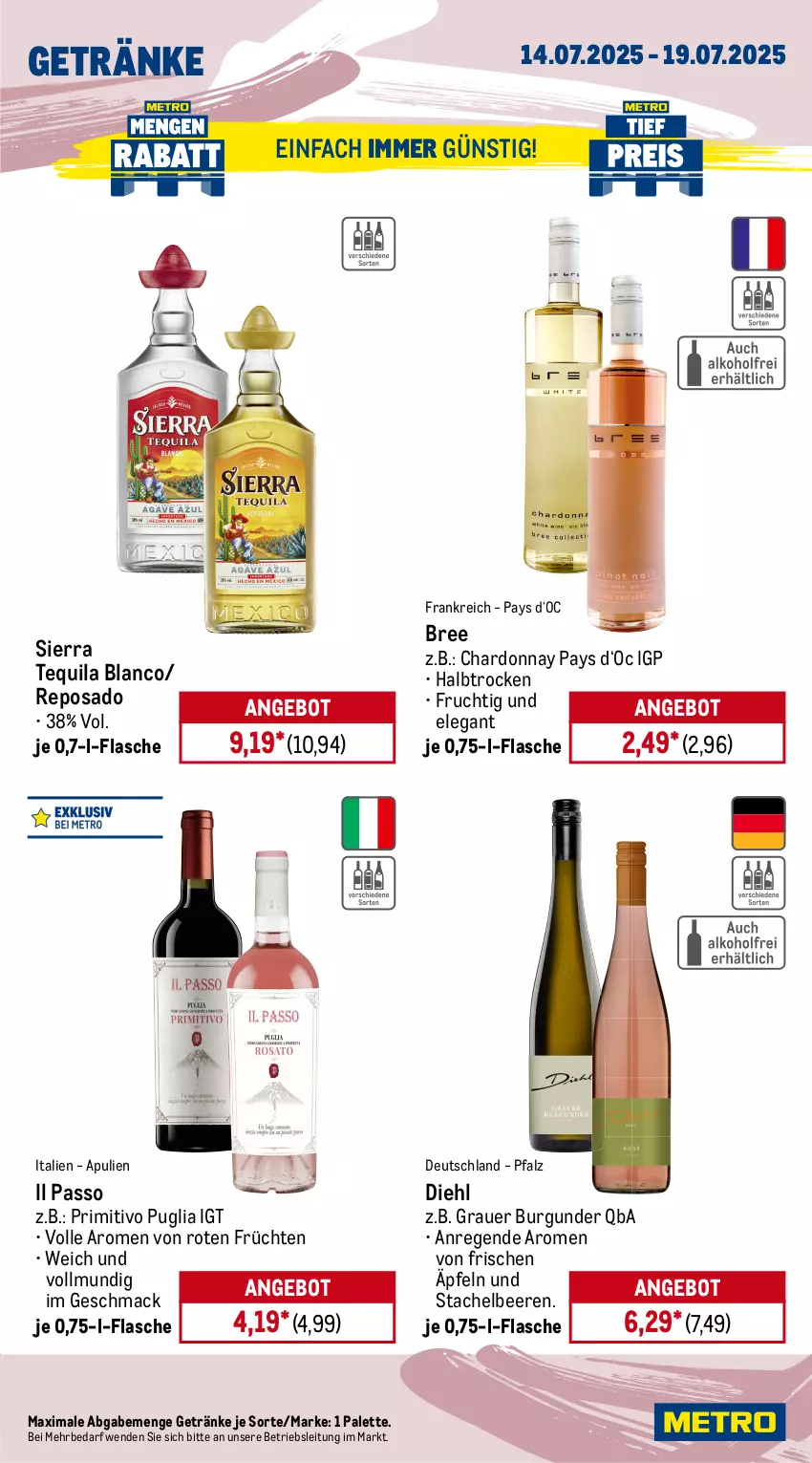 Aktueller Prospekt Metro - Wochen-Angebote - von 14.07 bis 19.07.2025 - strona 15 - produkty: angebot, Apple, auer, beere, beeren, bier, bitburger, bitburger pils, bree, burger, burgunder, chardonnay, coca-cola, cola, eis, erdinger, flasche, frucht, früchte, früchten, getränk, getränke, grauer burgunder, jack daniel, mac, Palette, passo, pils, primitivo, reis, Sierra, sierra tequila, Stachelbeeren, tequila, Ti, tiefpreis