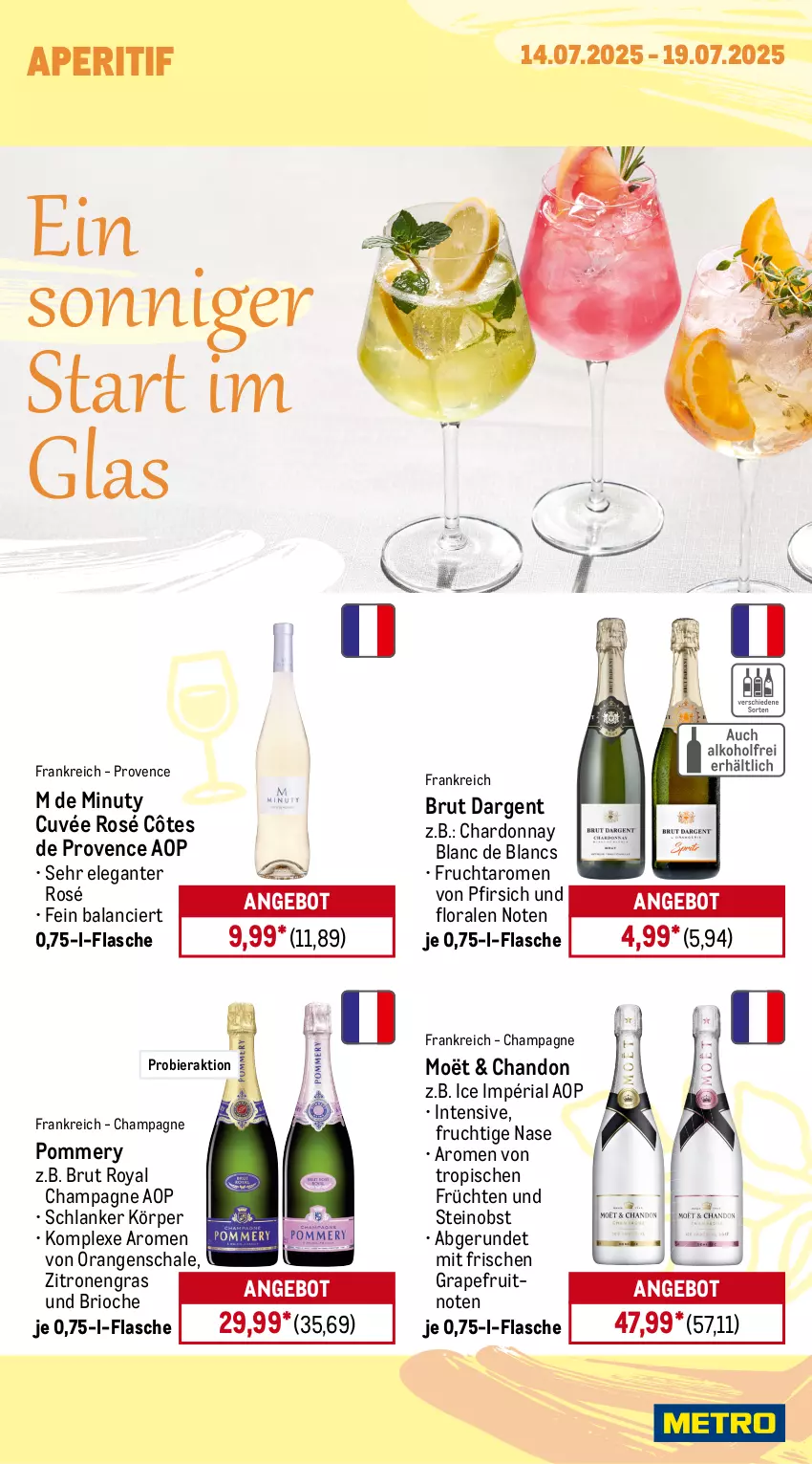 Aktueller Prospekt Metro - Wochen-Angebote - von 14.07 bis 19.07.2025 - strona 16 - produkty: alkohol, angebot, aperitif, bier, brut, brut dargent, champagne, chardonnay, Côtes de Provence, cuvée, de blancs, decke, eis, flasche, frucht, früchte, früchten, getränk, getränke, grapefruit, limo, martini, obst, orange, orangen, Palette, pfirsich, Ria, Schal, Schale, Ti, zitrone, zitronen