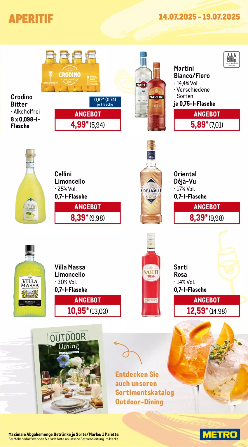 Aktueller Prospekt Metro - Wochen-Angebote - von 14.07 bis 19.07.2025 - strona 17 - produkty: alkohol, angebot, aperitif, bier, brut, brut dargent, champagne, chardonnay, Côtes de Provence, cuvée, de blancs, decke, eis, flasche, frucht, früchte, früchten, getränk, getränke, grapefruit, limo, martini, obst, orange, orangen, Palette, pfirsich, Ria, Schal, Schale, Ti, zitrone, zitronen