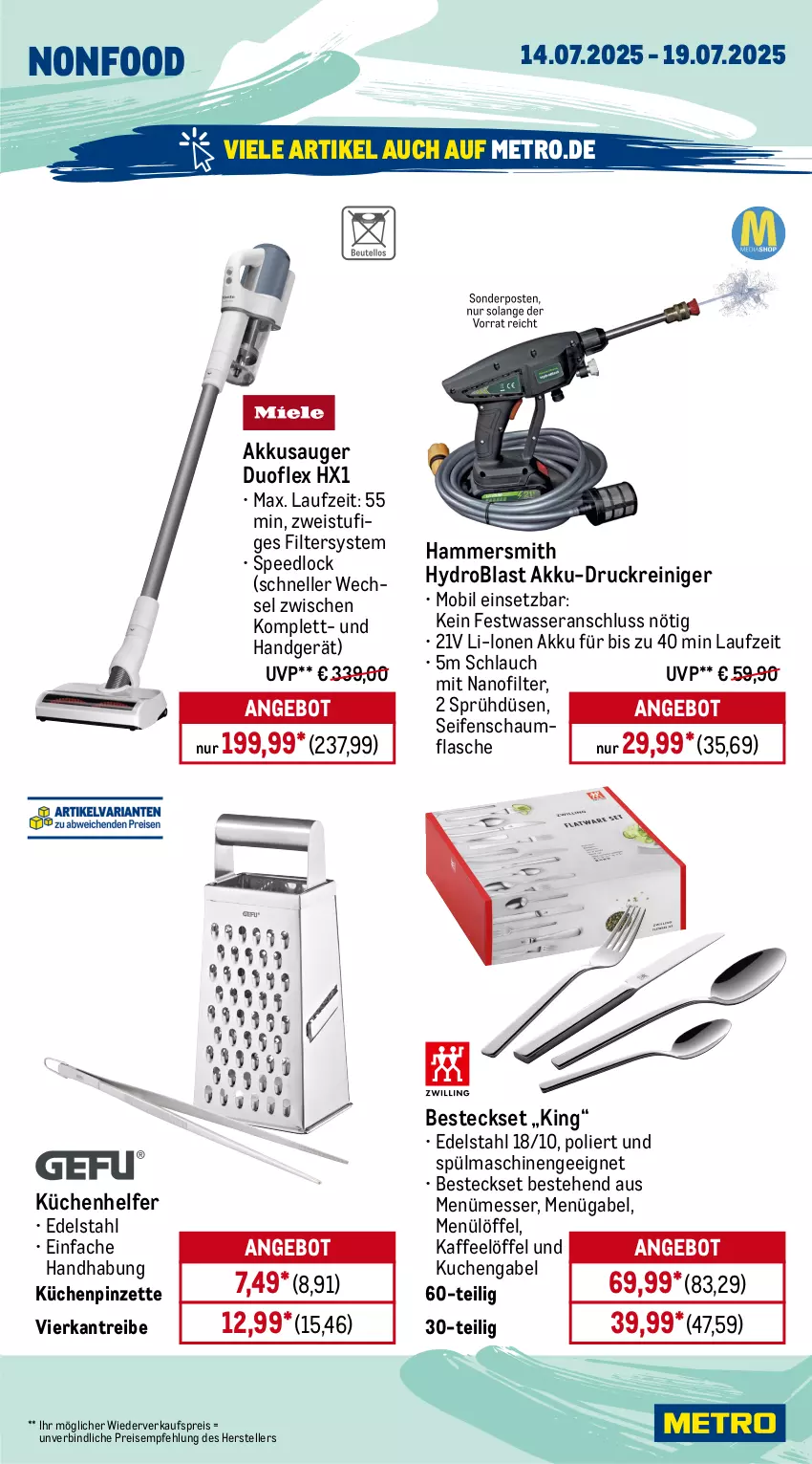 Aktueller Prospekt Metro - Wochen-Angebote - von 14.07 bis 19.07.2025 - strona 19 - produkty: akku, angebot, auto, besteck, besteckset, Dyson, edelstahl, eis, elle, flasche, gabel, kaffee, kraft, küche, Küchen, kuchen, Küchenhelfer, lenor, lenor weichspüler, Löffel, Luftreiniger, mac, messer, Metro, persil, Pinzette, reiniger, Reinigung, reis, schlauch, Seife, sonderposten, spee, spülmaschinen, staubsauger, teller, Ti, Tiere, timer, tisch, ventilator, vollwaschmittel, waschmittel, wasser, weichspüler