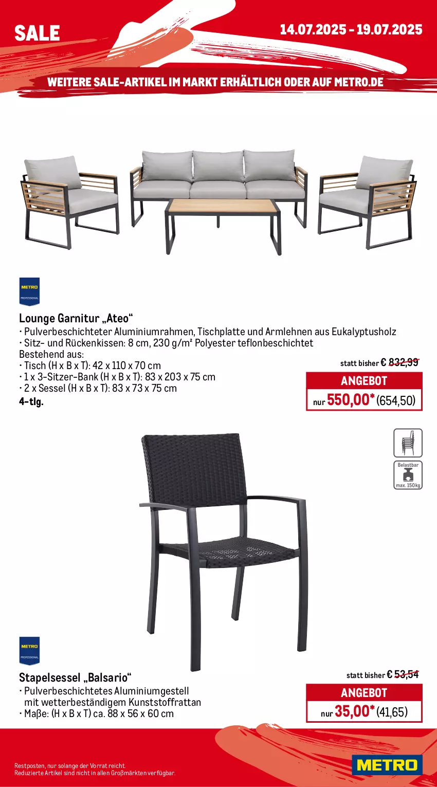 Aktueller Prospekt Metro - Wochen-Angebote - von 14.07 bis 19.07.2025 - strona 24 - produkty: aluminiumgestell, angebot, armlehnen, Bank, garnitur, Holz, HP, kissen, latte, LG, Metro, Rückenkissen, sessel, stapelsessel, Ti, tisch, tischplatte