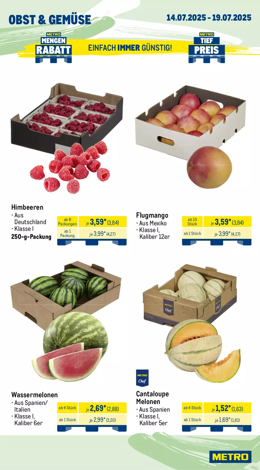 Aktueller Prospekt Metro - Wochen-Angebote - von 14.07 bis 19.07.2025 - strona 8 - produkty: beere, beeren, beutel, eis, Frühkartoffeln, gurke, gurken, himbeer, himbeere, himbeeren, kartoffel, kartoffeln, mango, mehl, melone, melonen, obst, paprika, paprika rot, rispentomaten, speisefrühkartoffeln, Spitzpaprika, Ti, tomate, tomaten, wasser, wassermelone, wassermelonen