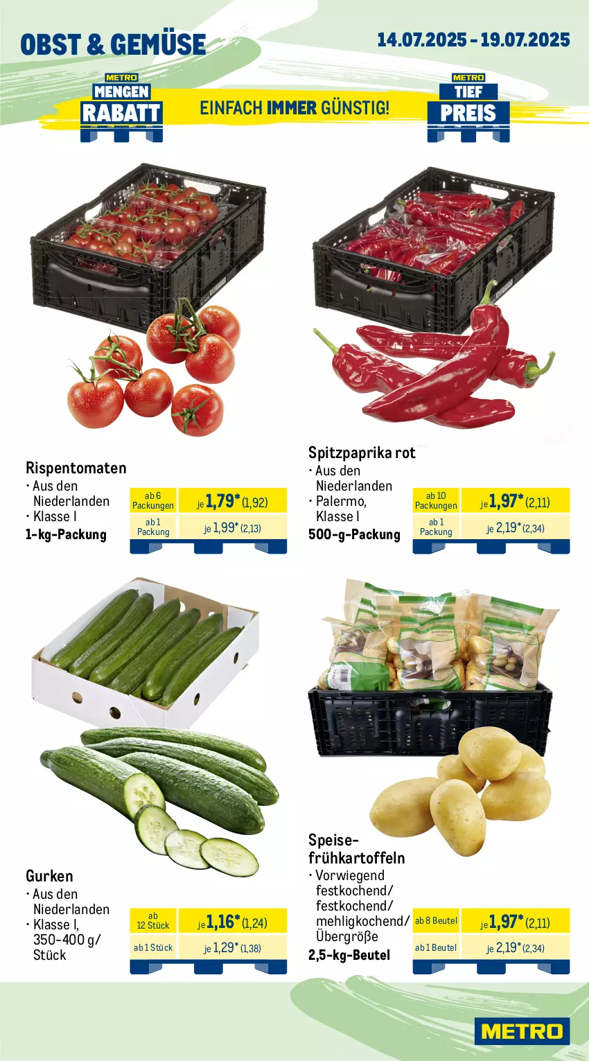 Aktueller Prospekt Metro - Wochen-Angebote - von 14.07 bis 19.07.2025 - strona 9 - produkty: beere, beeren, beutel, eis, Frühkartoffeln, gurke, gurken, himbeer, himbeere, himbeeren, kartoffel, kartoffeln, mango, mehl, melone, melonen, obst, paprika, paprika rot, rispentomaten, speisefrühkartoffeln, Spitzpaprika, Ti, tomate, tomaten, wasser, wassermelone, wassermelonen