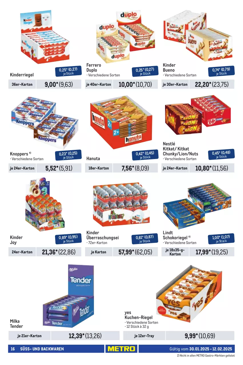 Aktueller Prospekt Metro - Händler Journal - von 30.01 bis 12.02.2025 - strona 18 - produkty: backwaren, duplo, ferrero, hanuta, Kinder, kinder bueno, kitkat, knoppers, kuchen, lindt, lion, Metro, metro gastro, milka, nestlé, riegel, schoko, schokoriegel, tender, Ti