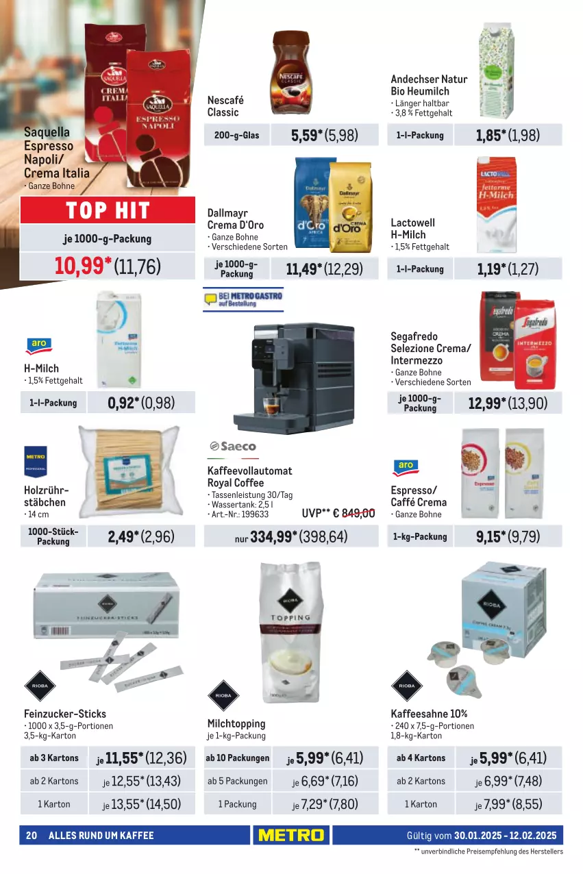 Aktueller Prospekt Metro - Händler Journal - von 30.01 bis 12.02.2025 - strona 22 - produkty: andechser natur, auto, bio, bohne, dallmayr, eis, elle, espresso, Heu, heumilch, Holz, intermezzo, kaffee, kaffeevollautomat, milch, natur, Nescafé, reis, sahne, Segafredo, tasse, teller, Ti, wasser, wassertank, zucker