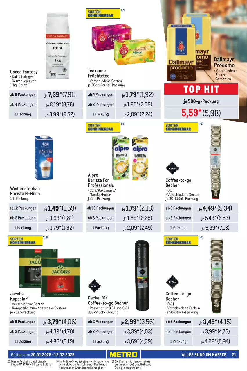 Aktueller Prospekt Metro - Händler Journal - von 30.01 bis 12.02.2025 - strona 23 - produkty: alpro, Becher, beutel, dallmayr, dallmayr prodomo, decke, Deckel, eis, espresso, fanta, früchte, Früchtetee, getränk, getränke, getränkepulver, hafer, jacobs, kaffee, kakao, kokos, kokosnuss, mandel, Metro, metro gastro, milch, nespresso, nuss, prodomo, reis, soja, tee, teekanne, Ti, weihenstephan