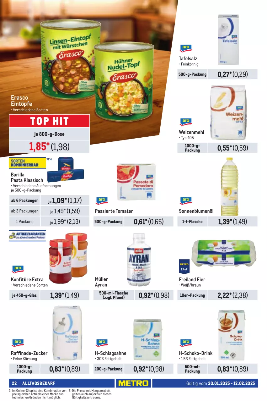 Aktueller Prospekt Metro - Händler Journal - von 30.01 bis 12.02.2025 - strona 24 - produkty: Ayran, barilla, blume, blumen, blumenöl, braun, drink, eier, eintöpfe, eis, erasco, flasche, konfitüre, konfitüre extra, mehl, Müller, pasta, reis, sahne, salz, schlagsahne, schoko, sonnenblume, sonnenblumen, sonnenblumenöl, Ti, tomate, tomaten, weizenmehl, zucker