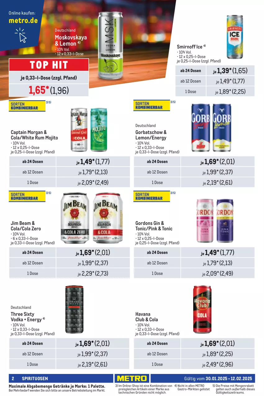 Aktueller Prospekt Metro - Händler Journal - von 30.01 bis 12.02.2025 - strona 4 - produkty: Cap, captain morgan, cola, eis, getränk, getränke, gin, Gorbatschow, gordon, gordons, Havana Club, jim beam, Metro, mojito, moskovskaya, Palette, reis, rum, smirnoff, spirituosen, Three Sixty, Ti, tonic, vodka, white rum