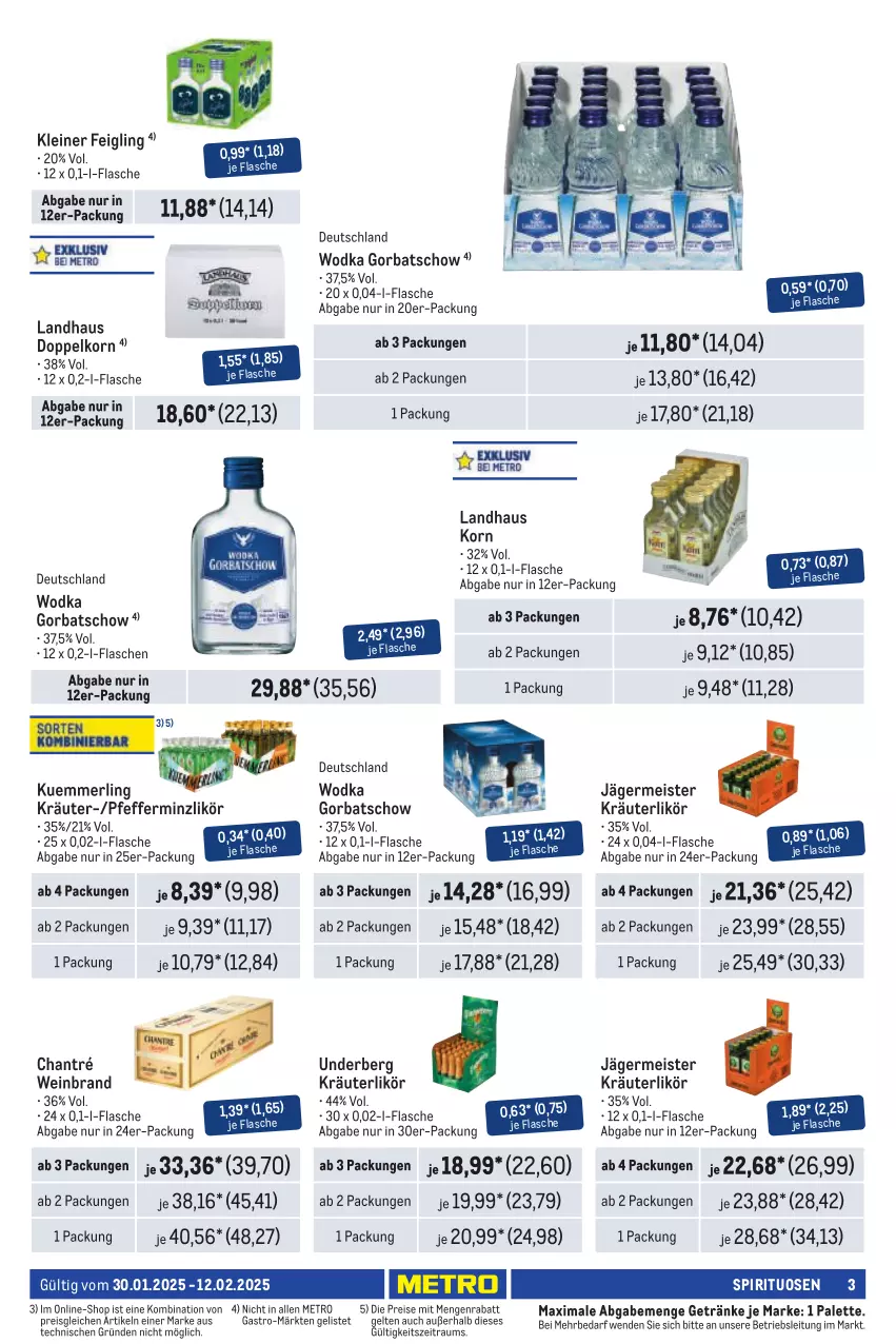 Aktueller Prospekt Metro - Händler Journal - von 30.01 bis 12.02.2025 - strona 5 - produkty: chantré, doppelkorn, eis, flasche, Germ, getränk, getränke, Gorbatschow, jägermeister, kleiner feigling, korn, kräuter, kräuterlikör, kuemmerling, leine, likör, Meister, merl, Metro, Palette, pfeffer, pfefferminzlikör, reis, spirituosen, Ti, underberg, wein, weinbrand, wodka