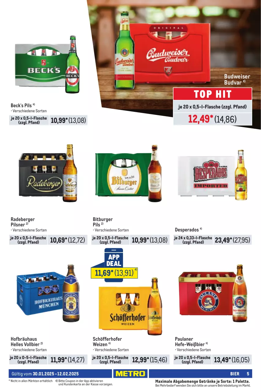 Aktueller Prospekt Metro - Händler Journal - von 30.01 bis 12.02.2025 - strona 7 - produkty: Berger, bier, bitburger, bitburger pils, budweiser, burger, coupon, desperados, eis, elle, flasche, getränk, getränke, Hefe, Palette, Paula, paulaner, pils, pilsner, radeberger, radeberger pilsner, schöfferhofer, Ti