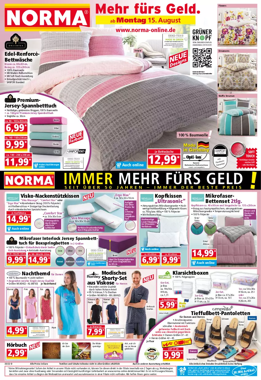 Aktueller Prospekt Norma - Norma - von 15.08 bis 22.08.2022 - strona 1 - produkty: aqua, asti, Bau, baumwolle, Bebe, beere, bett, Betten, Betttuch, bettwäsche, boxspringbett, braun, buch, decke, decksohle, eis, elle, flieder, Flowers, gin, hemd, jersey-spannbetttuch, kissen, Klarsichtbox, kopfkissen, LG, Liege, mikrofaser, Nachthemd, ndk, pantolette, pantoletten, reifen, reis, Ria, ring, schuhe, shorty, spannbetttuch, Spezi, Steppdecke, Ti, tisch, tuc, wolle