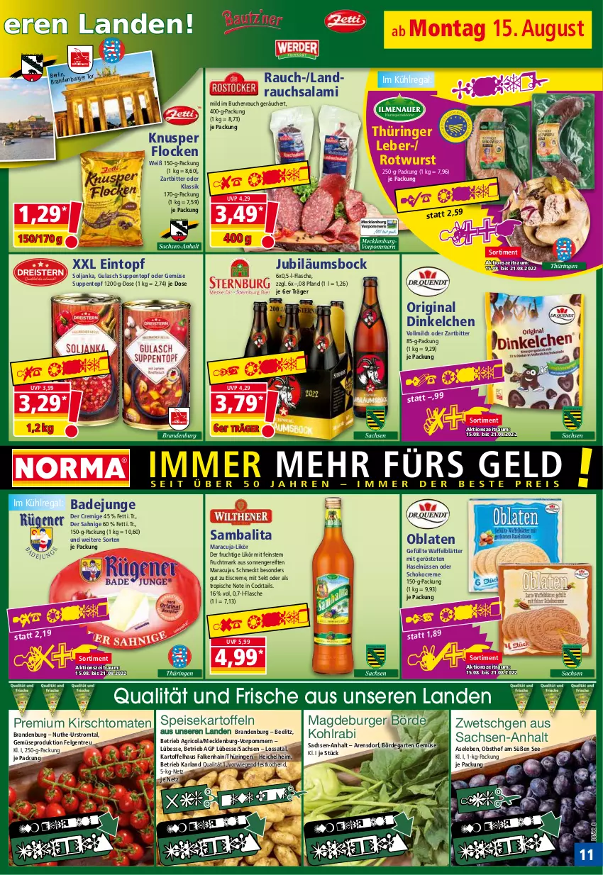 Aktueller Prospekt Norma - Norma - von 15.08 bis 22.08.2022 - strona 11 - produkty: arla, Bad, buch, burger, cocktail, cocktails, cola, creme, eintopf, eis, eiscreme, felgen, flasche, frucht, Fruchtmark, Garten, gin, gulasch, Jubiläums, kartoffel, kartoffeln, kirsch, kohlrabi, kühlregal, LG, likör, maracuja, milch, Oblaten, obst, Rauch, regal, reis, Ricola, ring, Rotwurst, sac, salami, schoko, sekt, speisekartoffeln, suppe, suppen, Ti, tiefpreis, tomate, tomaten, topf, vollmilch, wurst