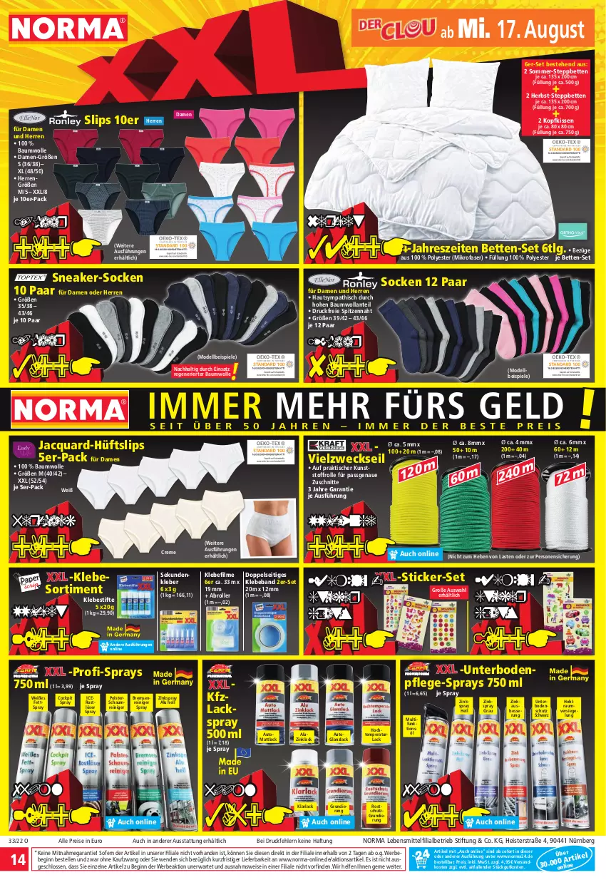 Aktueller Prospekt Norma - Norma - von 15.08 bis 22.08.2022 - strona 14 - produkty: arla, auto, Bau, baumwolle, Beba, Bebe, bett, Betten, creme, dell, eis, elle, gin, kissen, kleber, kopfkissen, lack, lebensmittel, LG, mikrofaser, Mode, ndk, reiniger, reis, Roller, slip, slips, sneaker, socken, Spiele, steppbett, stifte, Ti, tisch, usb, Vielzweckseil, weck, wolle