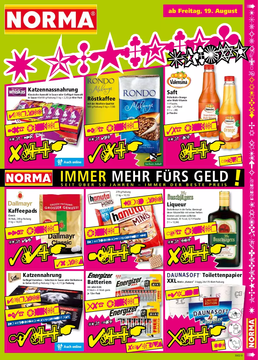 Aktueller Prospekt Norma - Norma - von 15.08 bis 22.08.2022 - strona 15 - produkty: batterie, batterien, braun, flasche, Geflügel, gelee, kaffee, kaffeepads, katzennahrung, kräuter, kräuterlikör, likör, liqueur, mac, Nassnahrung, orange, papier, Ria, röstkaffee, saft, sauce, Ti, toilettenpapier, vita