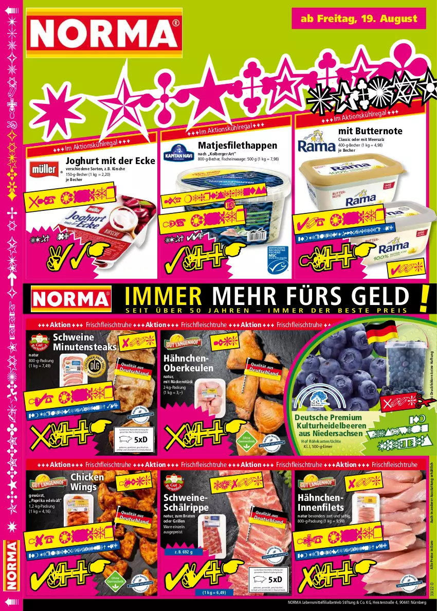 Aktueller Prospekt Norma - Norma - von 15.08 bis 22.08.2022 - strona 16 - produkty: Becher, beere, beeren, Berger, braten, butter, chicken wings, eimer, eis, elle, filet, filets, fisch, fische, fleisch, gewürz, grill, heidelbeere, heidelbeeren, joghur, joghurt, joghurt mit der ecke, kirsch, kirsche, lebensmittel, matjes, Matjesfilet, meersalz, minutensteaks, natur, paprika, regal, reis, sac, saft, salz, schwein, schweine, steak, steaks, Ti, tiefpreis, Waage, wein, weine