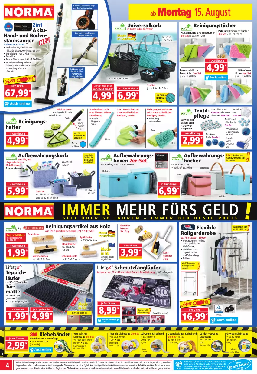 Aktueller Prospekt Norma - Norma - von 15.08 bis 22.08.2022 - strona 4 - produkty: akku, aufbewahrungsbox, ball, batterie, Bau, Beba, Bebe, beutel, bodenstaubsauger, braun, bürste, bürsten, decke, Deckel, dell, eis, elle, Garderobe, garnitur, gin, handstaubsauger, Heu, hocker, Holz, jumbo, Kehrgarnitur, Klammern, korb, kraft, lamm, Läufer, LG, mikrofaser, Mikrofasertücher, Mode, ndk, Reinigung, reinigungstücher, reis, Roller, rwe, Spiele, staubsauger, staubwedel, teppich, Ti, tisch, Trockner, tücher, waschmittel, wedel, werkzeug