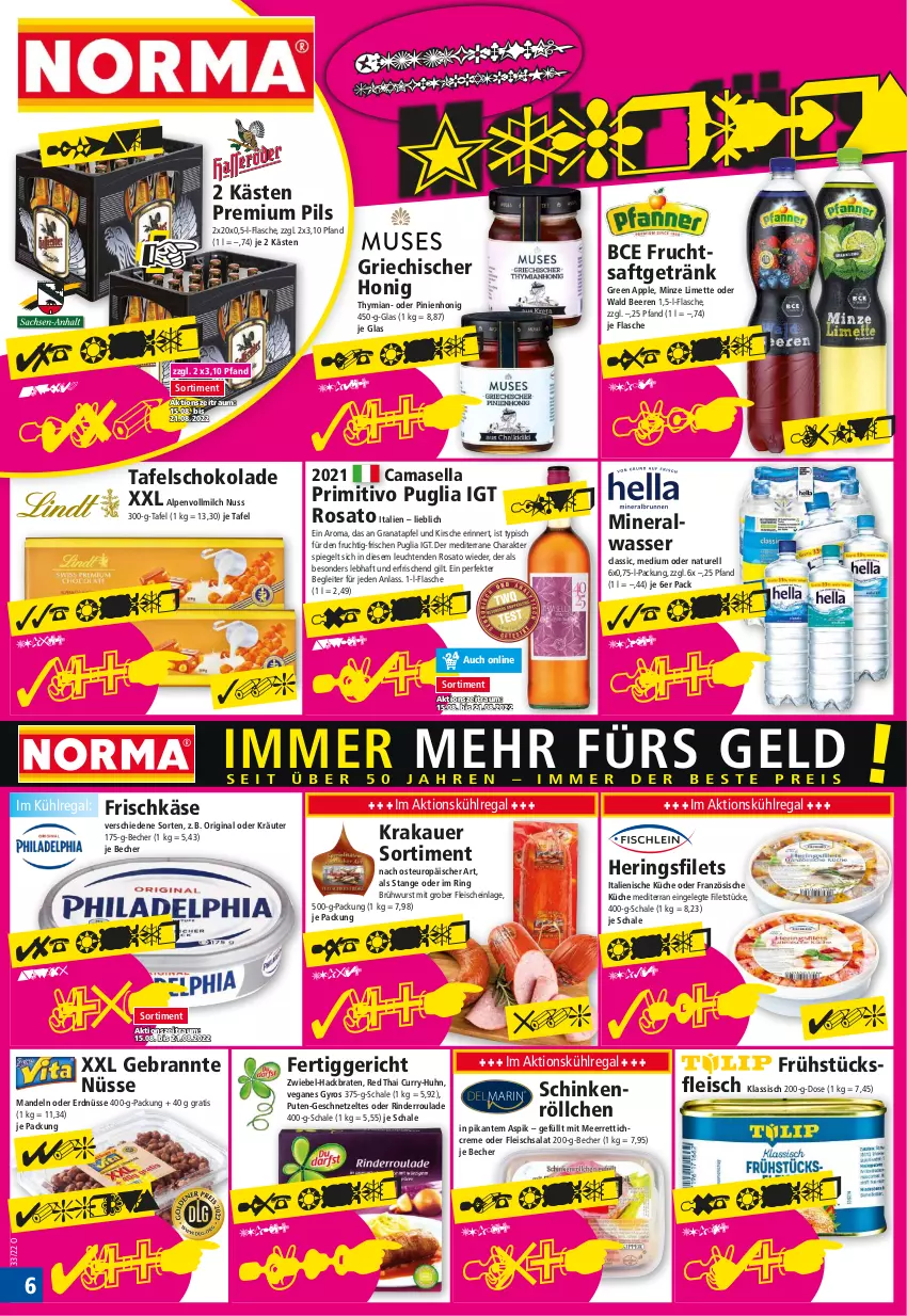 Aktueller Prospekt Norma - Norma - von 15.08 bis 22.08.2022 - strona 6 - produkty: Alwa, apfel, Apple, auer, Becher, beere, beeren, braten, Brühwurst, creme, curry, eis, erdnüsse, fertiggericht, filet, filets, flasche, fleisch, fleischsalat, frischkäse, frucht, fruchtsaft, fruchtsaftgetränk, geschnetzeltes, getränk, gin, grana, granatapfel, gyros, hering, Herings, heringsfilets, honig, Käse, kirsch, kirsche, krakauer, kräuter, küche, kühlregal, Leuchte, leuchten, limette, mandel, mandeln, meerrettich, Mett, milch, mineralwasser, minze, natur, nuss, oder kräuter, pils, premium pils, primitivo, pute, Rana, regal, rel, Rettich, rind, rinder, Rinderroulade, ring, rosato, saft, salat, Schal, Schale, schinken, schoko, schokolade, spiegel, tafelschokolade, Ti, vollmilch, wasser, wurst, Zelt, zwiebel