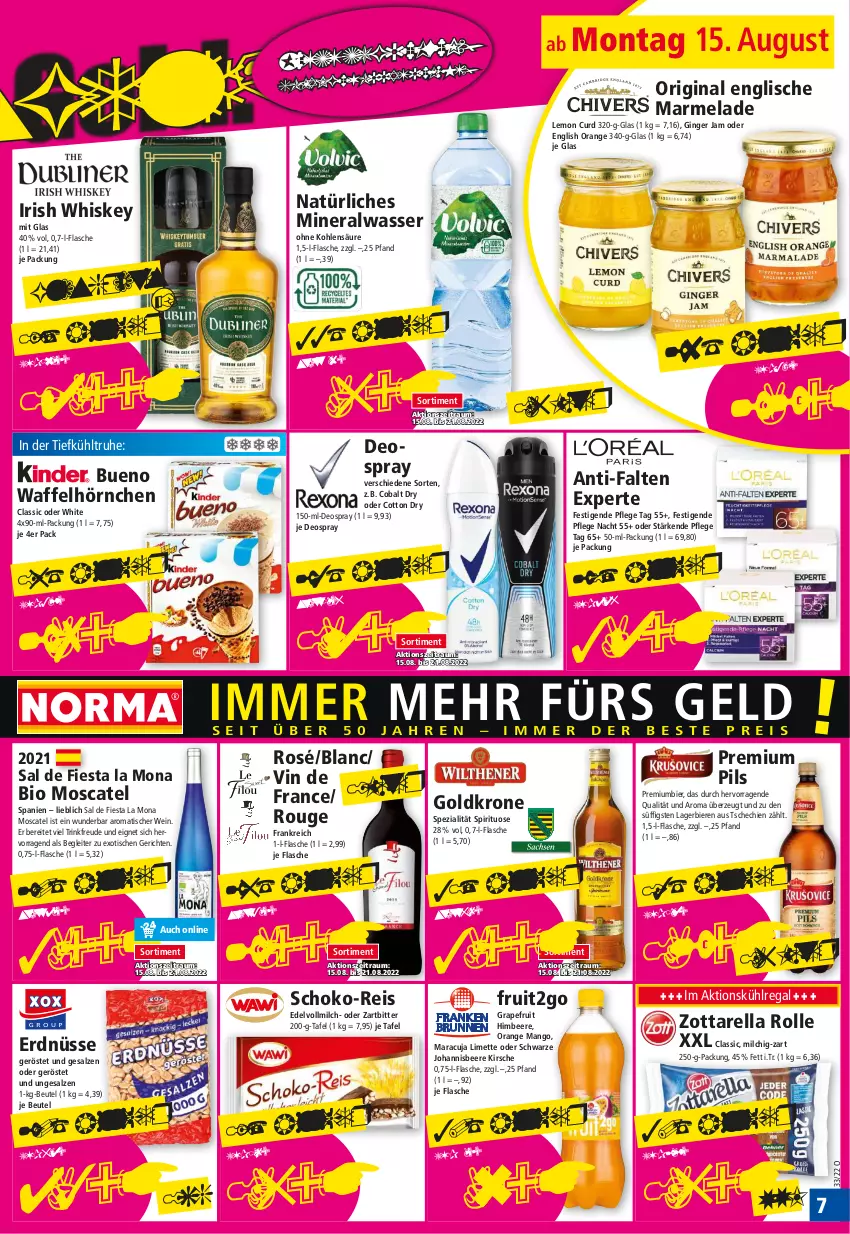 Aktueller Prospekt Norma - Norma - von 15.08 bis 22.08.2022 - strona 7 - produkty: Alwa, anti-falten experte, beere, beutel, bier, Biere, bio, deo, deospray, eis, erdnüsse, flasche, gin, ginger, goldkrone, grapefruit, himbeer, himbeere, hörnchen, irish whiskey, johannisbeere, kirsch, kirsche, krone, kühlregal, Lagerbier, limette, mango, maracuja, marmelade, Mett, milch, mineralwasser, natürliches mineralwasser, orange, pils, premium pils, Premiumbier, regal, reis, rel, rouge, salz, schoko, Spezi, Ti, tisch, vollmilch, Waffelhörnchen, wasser, wein, whiskey, zott, zottarella