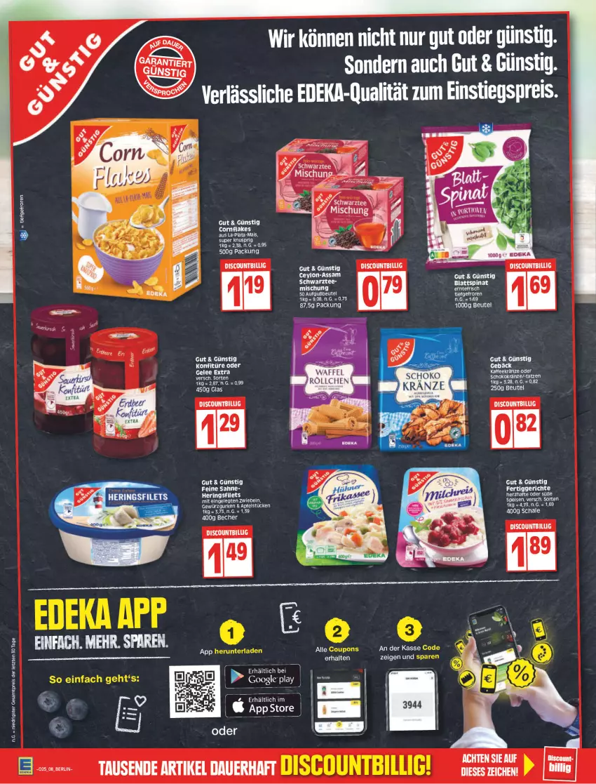 Aktueller Prospekt Edeka - Angebote der Woche - von 20.06 bis 25.06.2022 - strona 8 - produkty: apfel, auer, Becher, beutel, blattspinat, deka, discount, eis, fertiggericht, fertiggerichte, filet, filets, flakes, gelee, gewürz, Gewürzgurke, gewürzgurken, gurke, gurken, hering, Herings, heringsfilets, kaffee, konfitüre, mais, reis, ring, sahne, Schal, Schale, schoko, spinat, tee, Ti, ZTE, zwiebel, zwiebeln