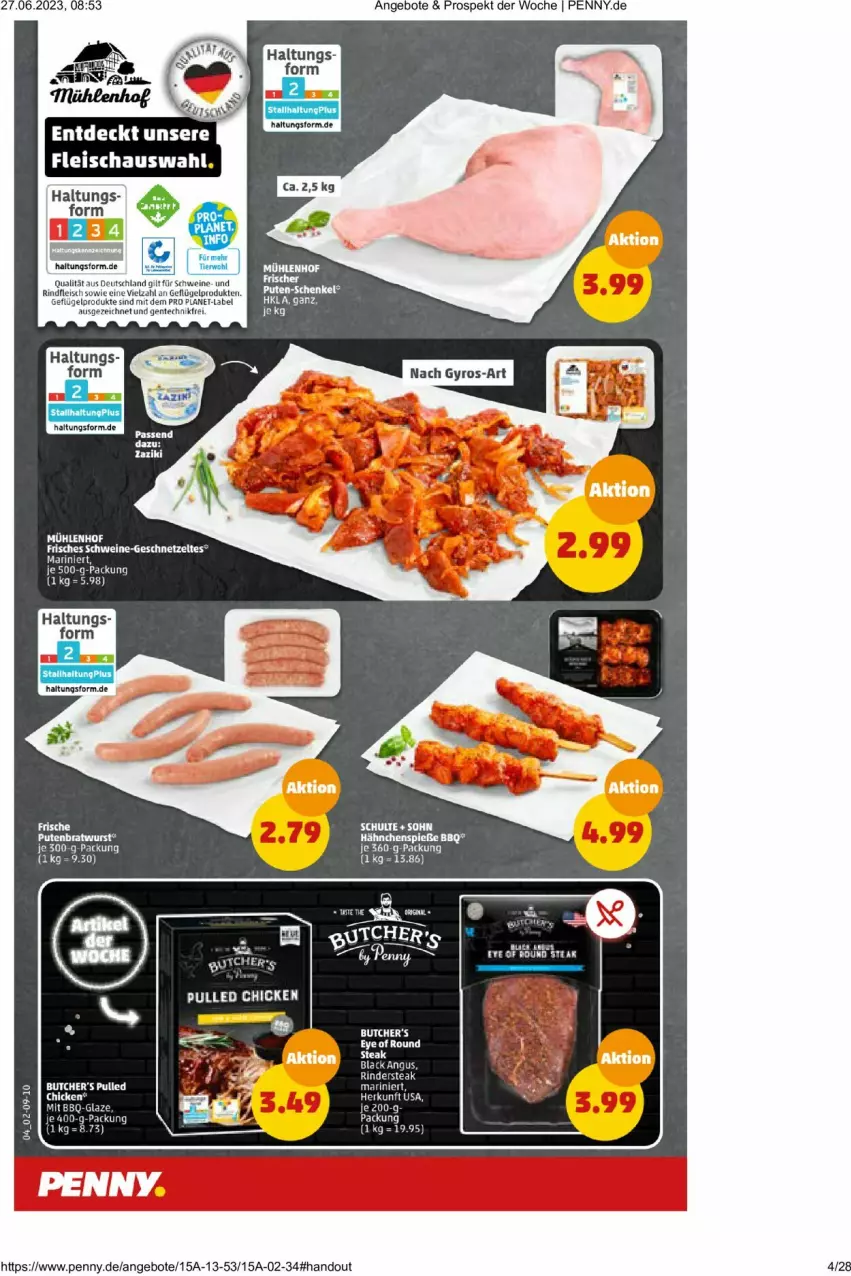 Aktueller Prospekt Penny - Prospekte - von 26.06 bis 01.07.2023 - strona 4 - produkty: angebot, angebote, bratwurst, eis, fleisch, Geflügel, geflügelprodukte sind mit dem, pute, rind, schwein, schweine, wein, weine, wurst