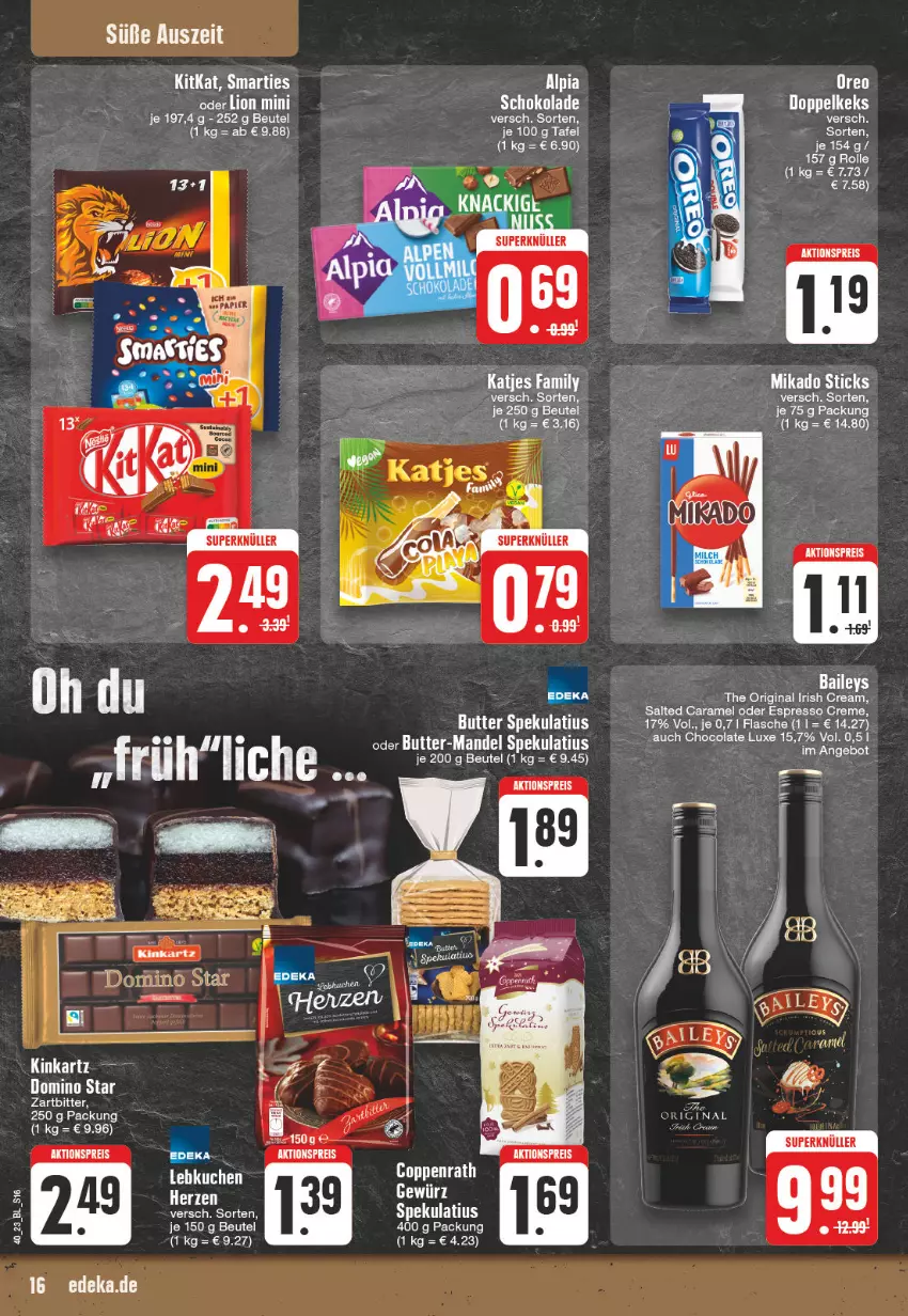 Aktueller Prospekt Edeka - Angebote der Woche - von 02.10 bis 07.10.2023 - strona 16 - produkty: aktionspreis, alpia, angebot, baileys, beutel, butter, caramel, cola, creme, deka, eis, espresso, gin, irish cream, katjes, kitkat, mandel, oder espresso, reis, schoko, schokolade, smarties, Ti