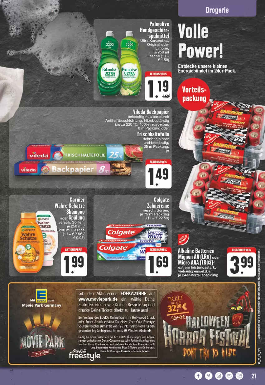 Aktueller Prospekt Edeka - Angebote der Woche - von 02.10 bis 07.10.2023 - strona 21 - produkty: angebot, angebote, batterie, batterien, coca-cola, cola, colgate, coupon, creme, decke, deka, eis, erde, flasche, frischhaltefolie, geschirr, gin, leine, LG, limo, olive, palmolive, papier, shampoo, snack, spülmittel, spülung, Ti, vileda, Wahre Schätze, zahncreme