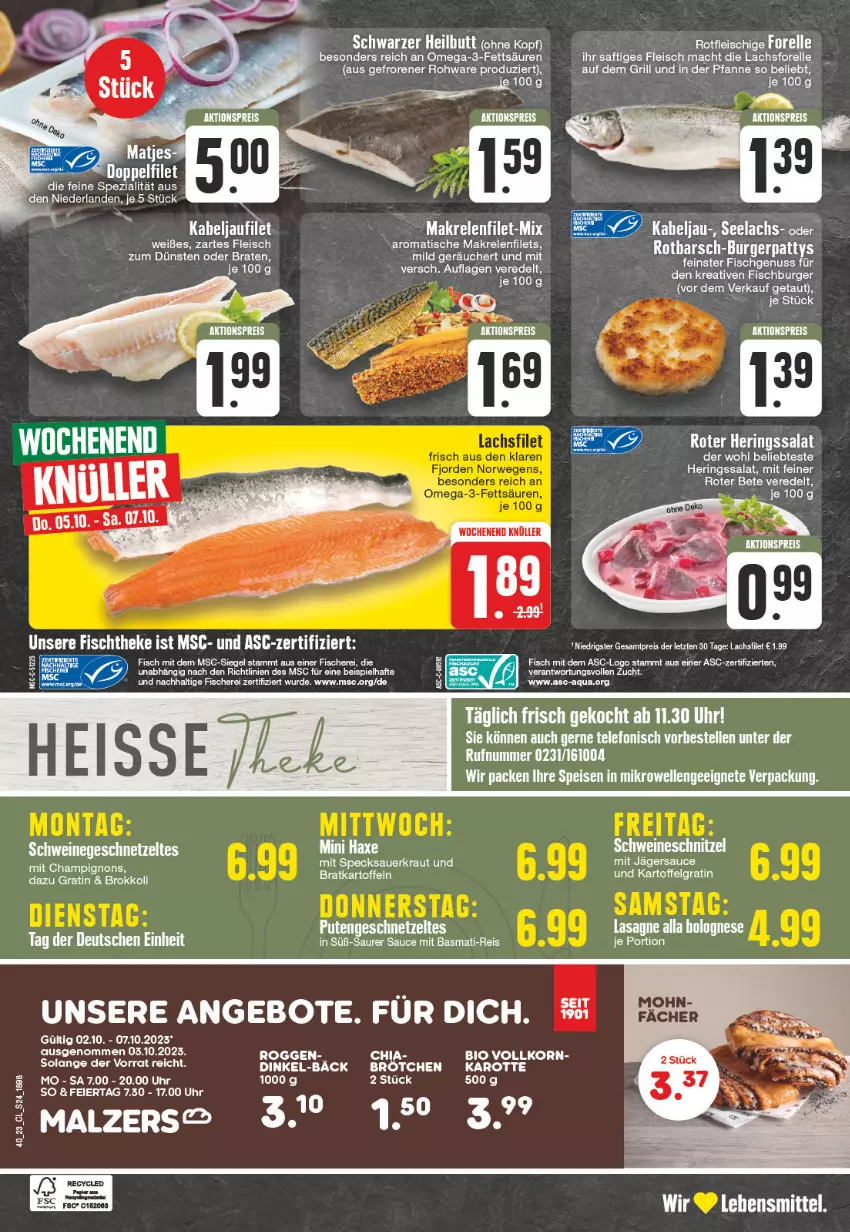 Aktueller Prospekt Edeka - Angebote der Woche - von 02.10 bis 07.10.2023 - strona 24 - produkty: angebot, angebote, aqua, auer, axe, bio, bolognese, brötchen, burger, champignon, champignons, eis, elle, ente, filet, filets, fisch, fische, Fischer, fleisch, forelle, geschnetzeltes, grill, Haxe, hering, Herings, kabeljaufilet, kartoffel, kartoffeln, korn, Kraut, lachs, lachsfilet, lasagne, lebensmittel, mac, Makrele, Makrelenfilets, malz, omega, Omega-3, pfanne, reis, rel, ring, salat, sauce, Sauerkraut, Schere, schwein, schweine, Speck, Spezi, Ti, tisch, torte, uhr, wein, weine, Zelt, ZTE