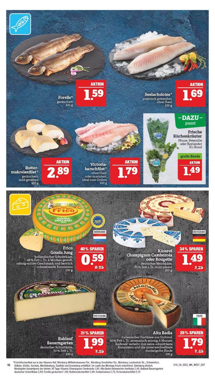 Aktueller Prospekt Marktkauf - Prospekt - von 21.08 bis 27.08.2022 - strona 14 - produkty: auer, Bad, Bau, Bauer, butter, cambozola, champignon, deutscher schnittkäse, eis, elle, filet, fisch, forelle, frico, frischfisch, Garten, gouda, gouda jung, grill, hartkäse, holländischer schnittkäse, Holz, ideal zum grillen, italienischer hartkäse, Käse, Koriander, kräuter, küche, Küchen, lachs, LG, mac, Makrele, minze, petersilie, reis, rel, Ria, rind, rouge, rougette, rwe, salz, schnittkäse, schwein, Ti, tisch, wein, ZTE